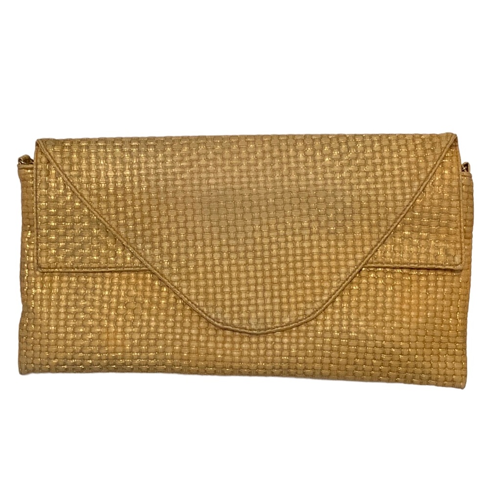 CLUTCH BAG WOVEN GOLD YELLOW FOLD OVER POCKETS ZIP TOP STATEMENT